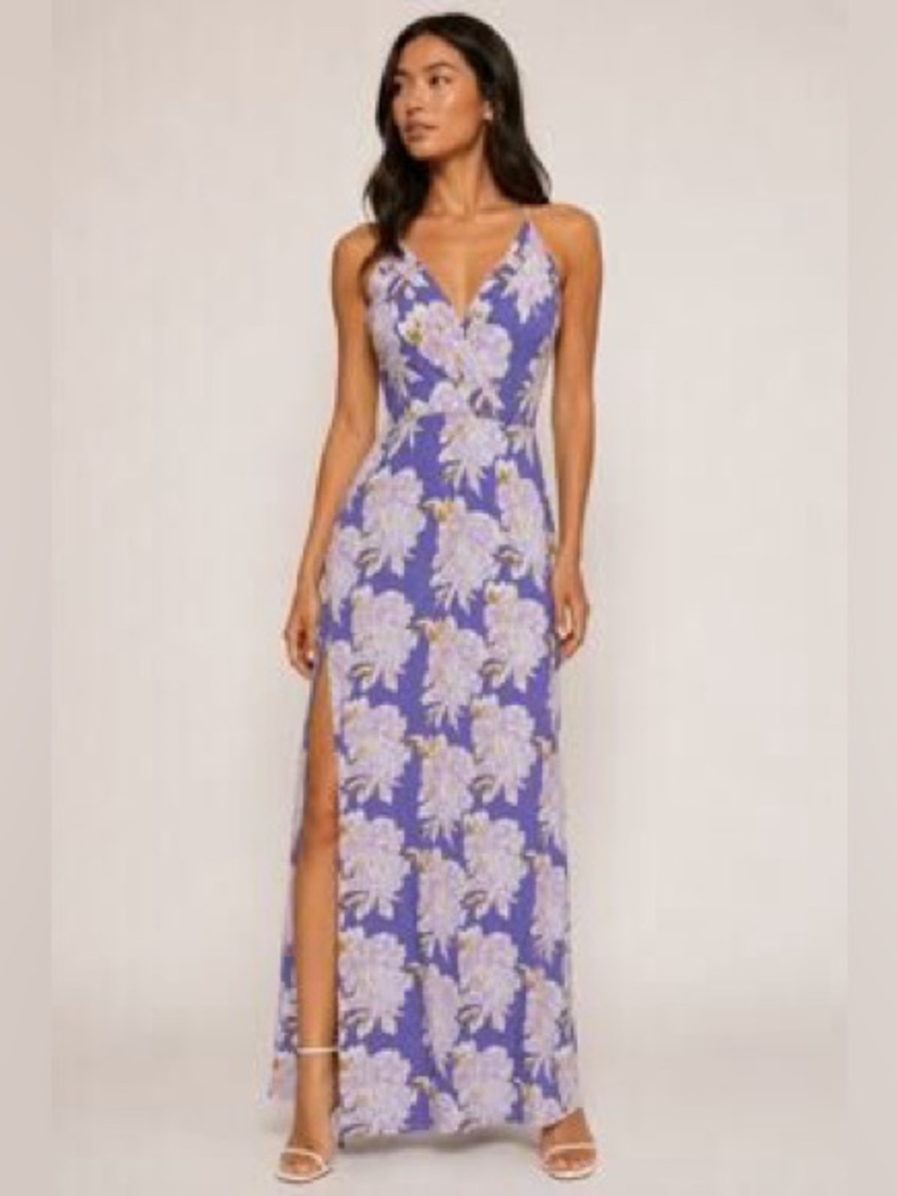 ASTR the Label Pandora Purple Floral Halter Maxi Dress V-Neck Side Slit Summer